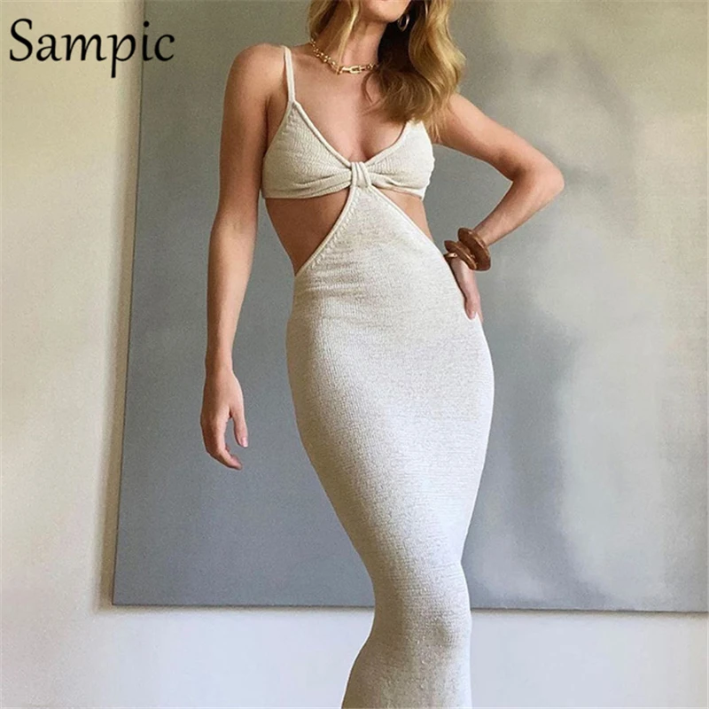 Sampic 2021 Women Strap Khaki Hollow Out Sexy Long Party Bodycon Dress Ladies V Neck Backless Night Club Cut Out Wrap Dress 12