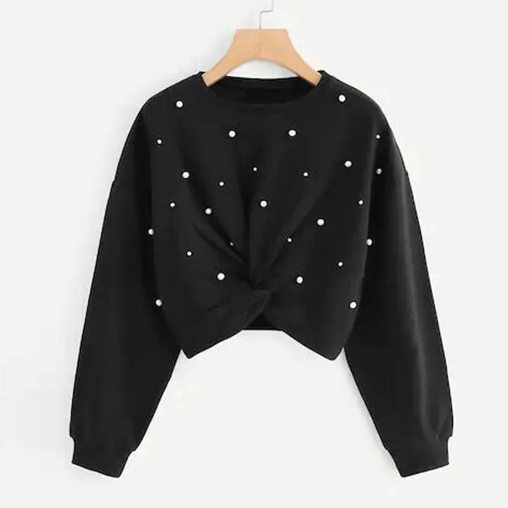 

JAYCOSIN Fashion Women O-Neck Solid Long Sleeve Pearl Beading Sweatershirt Tops beaded tie a knot with Waist Lumbar Sweatershirt