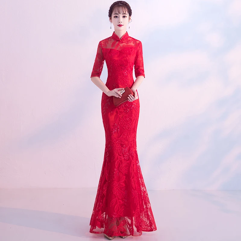 Женское китайское свадебное платье для невесты, сексуальное, тонкое, красное, длинное, труба, Cheongsam 2019, новинка, изысканное, кружевное