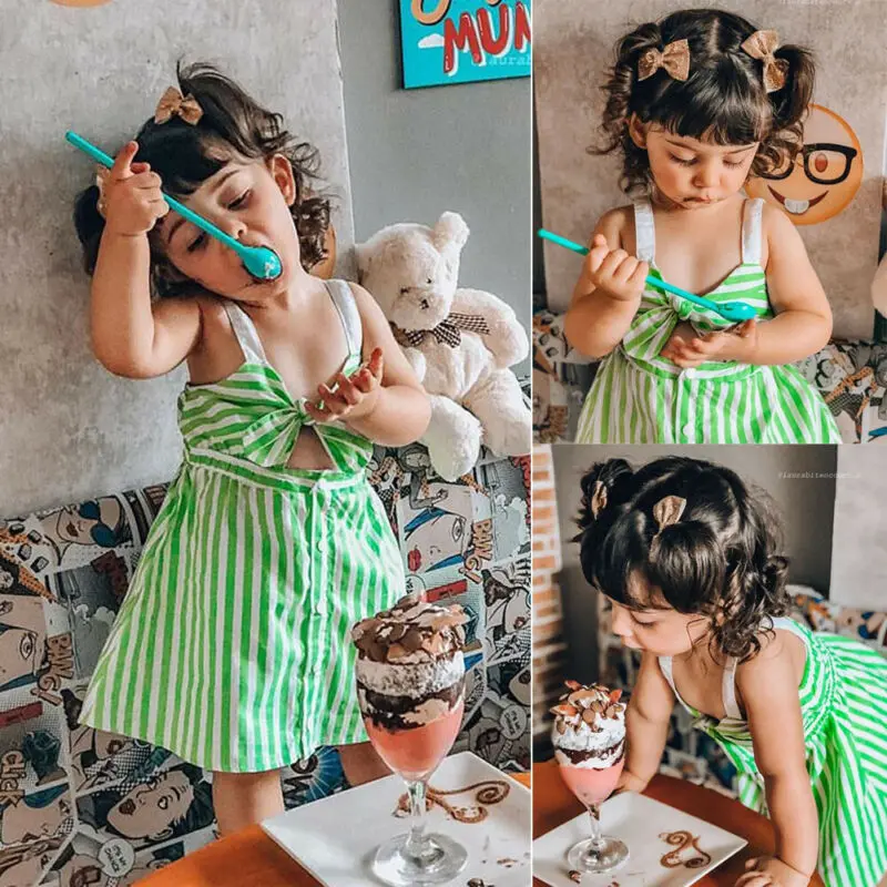 

Fashion Princess Toddler Kids Baby Girls Striped Green Dress Front Bow Summer Party Cute Girl button Dress