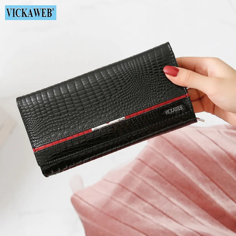 Black Wallet VICKAWEB Женский кошелек из натуральной кожи многофункциональный женский клатч большие кошельки женские кошельки женский держатель для карт кошелек для телефона - Цвет: Black Wallet