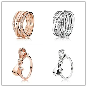 

925 Sterling Silver Rose Gold Openwork Eternity Entwined Crystal Rings For Women Wedding Party Gift Pandora Jewelry