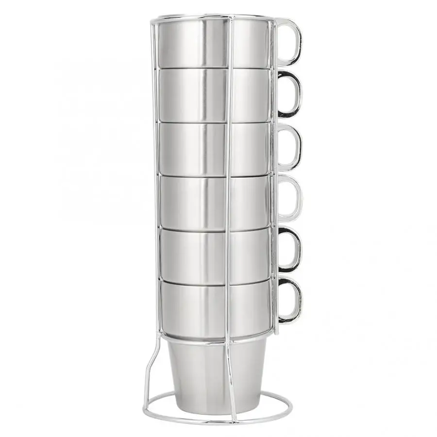 

Double Layer Anti-Scald Stainless Steel Stackable Water Coffee Cup Set with Cup Holder Stand