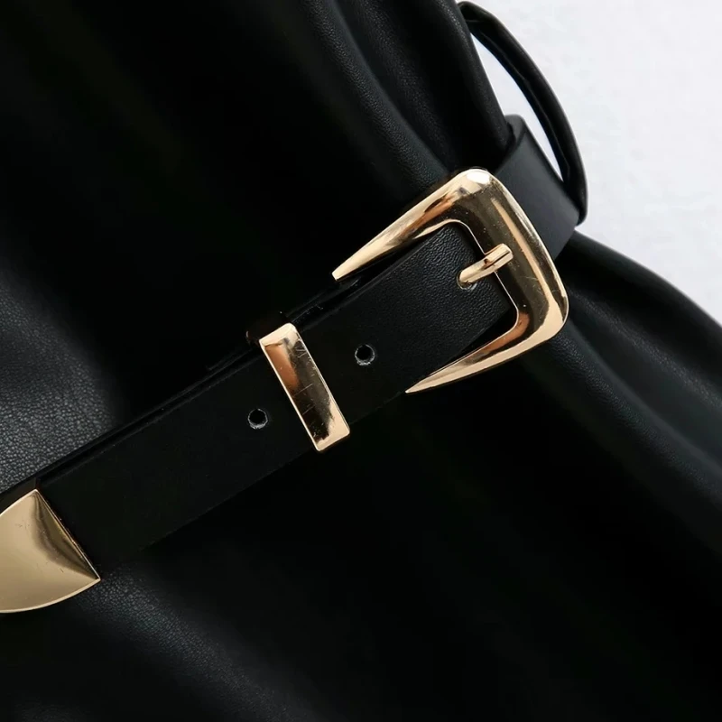 Woman Sashes decoration PU Leather Mini Dress Femme Sleeveless Dresses Lady Loose Clothes Vestido D6353