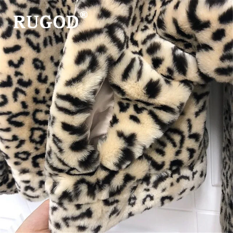 RUGOD, модное пушистое леопардовое пальто из овечьей шерсти, Женское пальто со стоячим воротником, с длинным рукавом, шуба из кролика Рекс, толстая зимняя куртка, парка