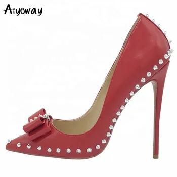 

Aiyoway Hot Sale PU Leather Women Pumps Rivets Bowknot Pointed Toe Spring Summer Single Ladies Wedding Party Dress Red Shoes