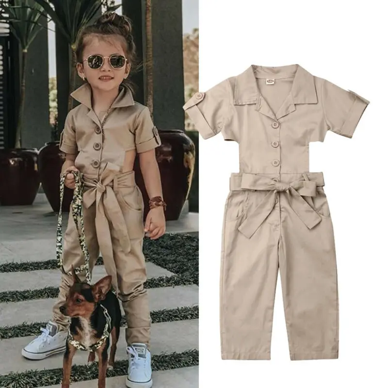 

2-7Y Summer Fashion Infant Kids Baby Girls Romper Clothes Turn Down Collar Solid Sashes Belt Jumpsuits Clothes