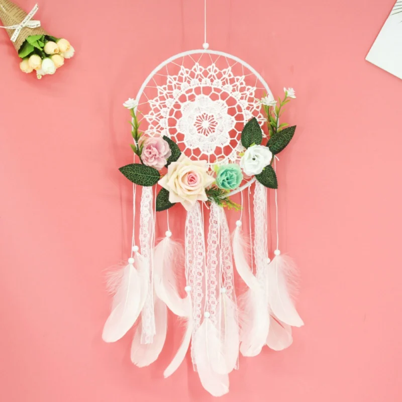 Wall Hanging Handmade Dream Catchers Feather With Artificial Flowers Lace Tassel