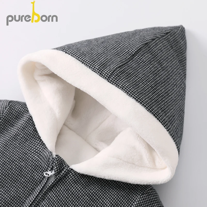 Pureborn/Одежда для новорожденных; детские комбинезоны с капюшоном; гусиная лапка; утепленная флисовая одежда для мальчиков и девочек; комбинезон для младенцев; зимний комбинезон