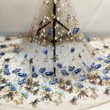 Роскошная вышитая синяя желтая Цветочная кружевная ткань Дубай шитье DIY Тюль аппликация лента платье свадебное платье Гипюр украшение