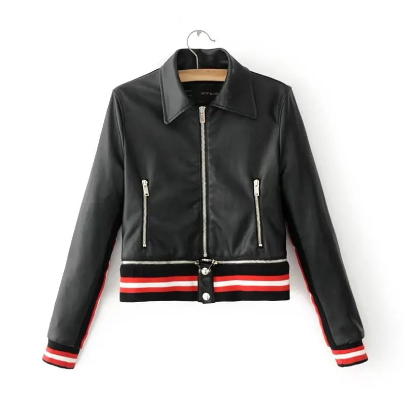 

17 Years Autumn New Style Korean-style Fashion Fold-down Collar Long Sleeve Contrast Color PU Leather Coat Jacket Women's