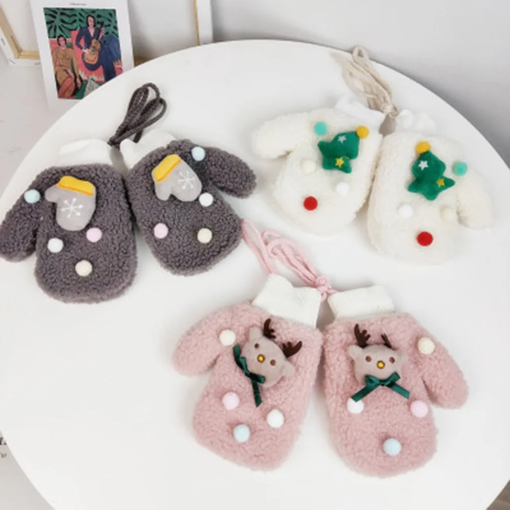 High Quality Children Kids Christmas Warm Fleece Knitted Gloves Printed Full Finger Gloves Support Wholesale Dropshipping