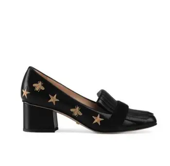 

Leather 2020 Gold Heeled Loafer-Style Pump Women Pointed Toe Chunky Heels Elegant Ladies Shoes Shallow Woman Metal Buckle Pumps