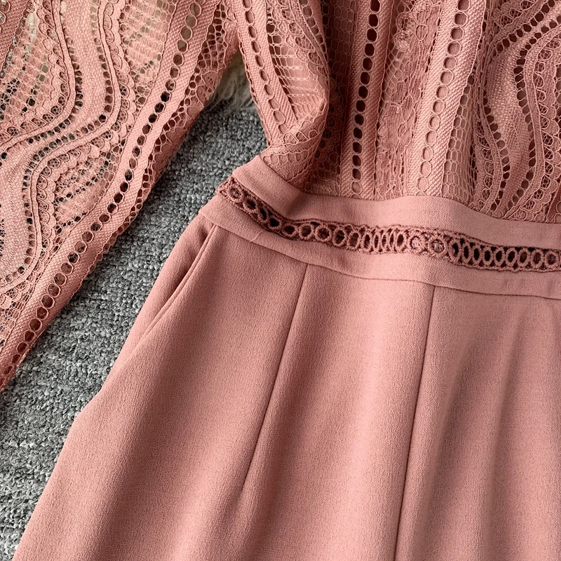 Autumn Fashion Sexy Lace Hollow Stitching Wide-legged High Waist Long Sleeve Jumpsuits Women Solid Color Elegant Overalls J897