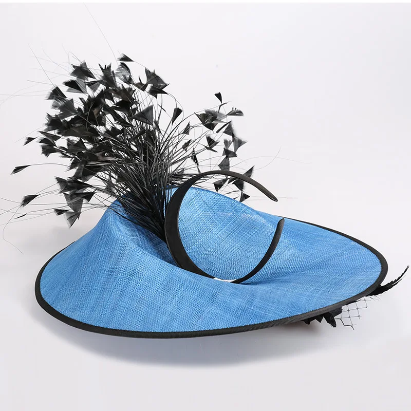 Брендовое роскошное натуральное украшение с перьями Sinamay Blue Hairband для женщин Европейский женский Банкетный коктейльный вечерние головной убор с цветами