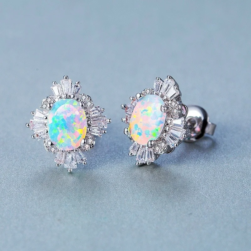 FDLK Мистик Круглый Белый огненный опал Двойные серьги гвоздики для женщин сплав Кристалл циркония свадебные ювелирные изделия