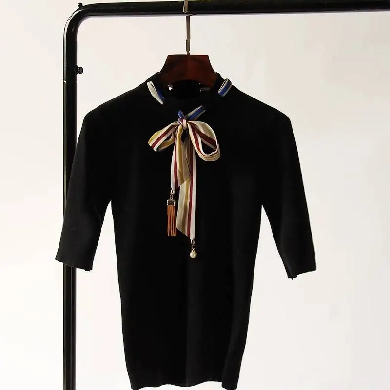 Осенняя трикотажная футболка женский свитер с бантом Футболка Топы - Цвет: Черный