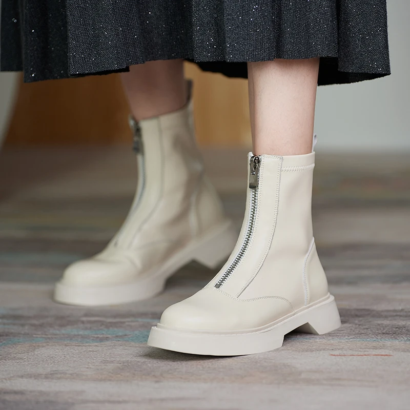 

Zipper Buckle Straps Ankle Boots Genuine Leather Women Ankle Boots Platform Chunky Wedding Party Chelsea Boots Heels