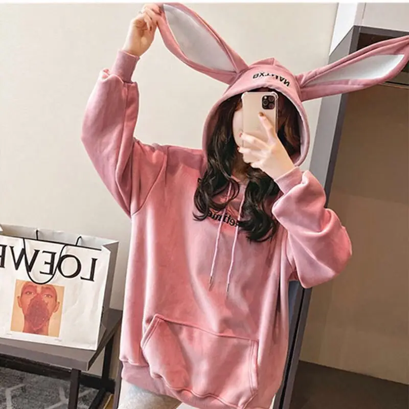 

2020 new Korean style sweater cute rabbit ear Hoodie loose and versatile