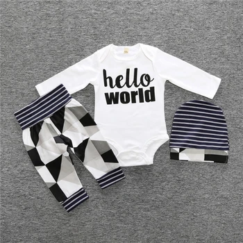 

Baby Clothes Sets Newborn Baby Boy Romper Suit Long Sleeve Tops Letter Romper + Geometric Pattern Pants Striped Hat Sets 3pcs