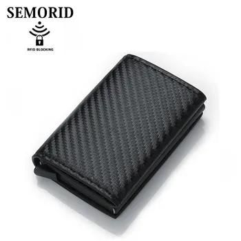 

2020 Magnetic Credit Card Holder Carbon Fiber Leather Wallet Aluminum Mini Purse With Back Pocket ID Card Holder RFID Blocking