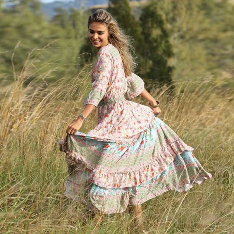 Летнее длинное женское платье с цветочным принтом Boho пляжное платье туника Макси платье женское вечернее платье Сарафан Vestidos