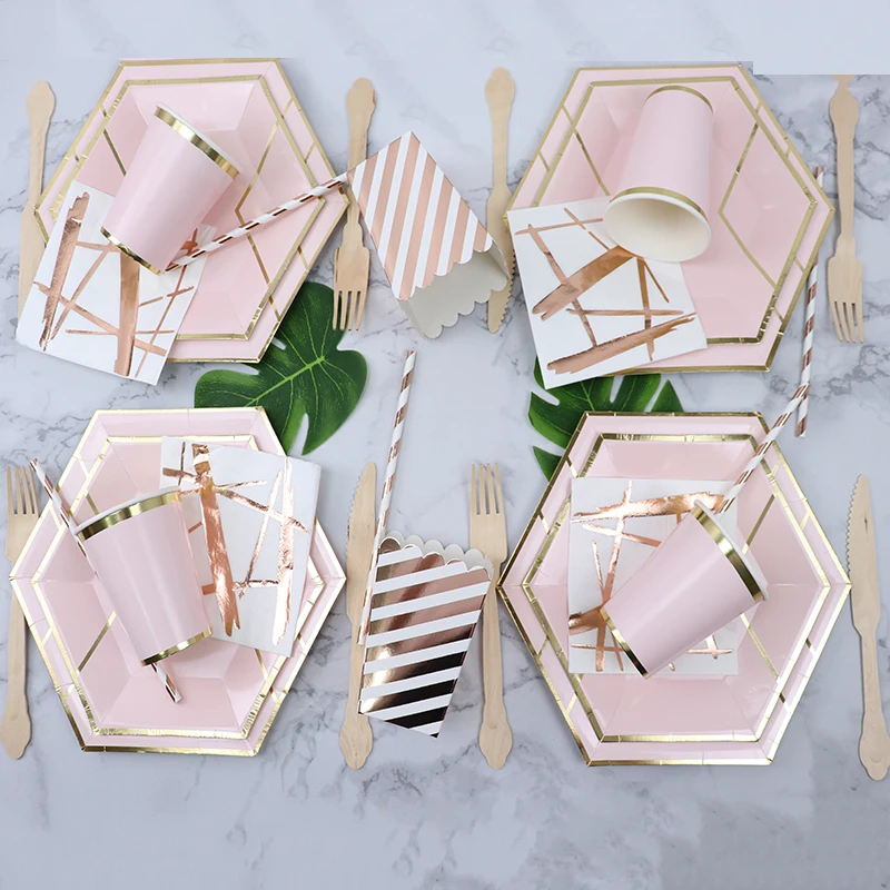 Розовое золото в полоску одноразовая посуда на день рождения тарелки Позолоченные бумажные соломинки/чашка украшение стола свадебные принадлежности для вечеринок