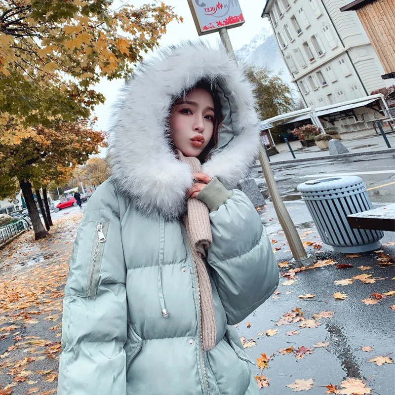 

2019 New Style Winter Korean-style down Jacket Cotton-padded Clothes Loose-Fit Women's Mid-length over-the-Knee Fur Collar Cotto