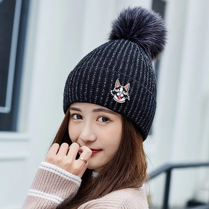 

Female Korean version new big wool ball thickened woolen hat winter simple silver thread cartoon element label knitted hats