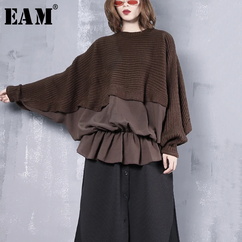  [EAM] Pleated Stitch Big Size Knitting Sweater Loose Fit Round Neck Long Sleeve Women New Fashion T