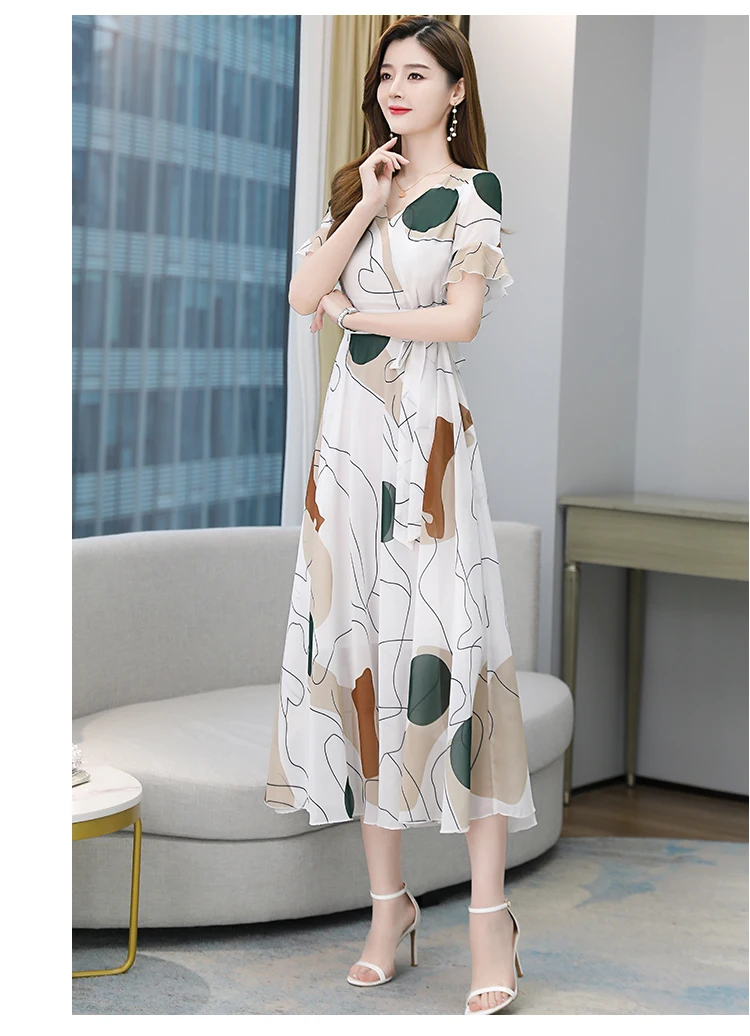 Women Summer 2021 White Chiffon Dress Casual Robe Vestito Floreale Midi Tunics Boheme Short Sleeve V-Neck Plus Size Dresses