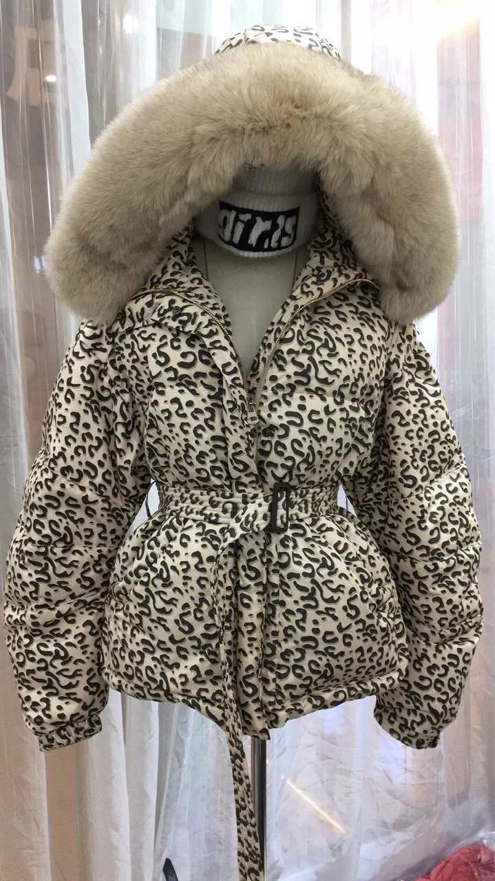 Леопардовый большой натуральный Лисий меховой воротник с капюшоном пуховые пальто женские оригинальные нестандартные пуховые пальто на утином пуху толстое теплое пальто F66