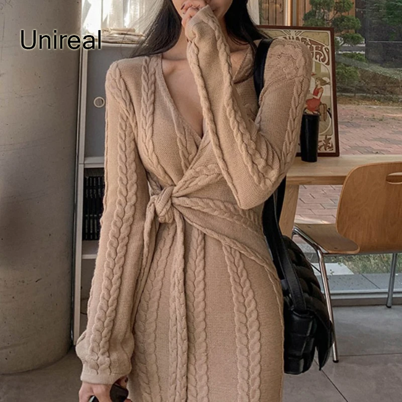 

Unireal 2022 Autumn Winter Women Knitted Dress Long Sleeve Belted Sexy Bodycon Long Sweater Dress