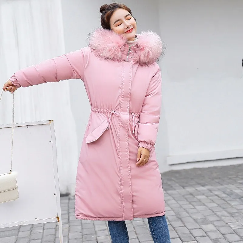 Tide Vogue модная женская Повседневная Длинная зимняя куртка высокого качества с меховым капюшоном теплая верхняя одежда однотонная приталенная куртка с карманами - Цвет: Розовый