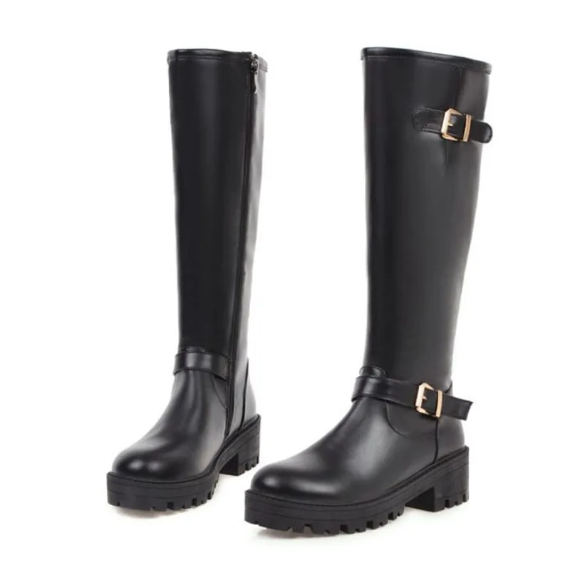 ZALAVOR Plus Size 34-46 Women Knee High Boots Round Toe Side Zip Square Heels Knight Boots Buckle Winter Warm Women Footwear