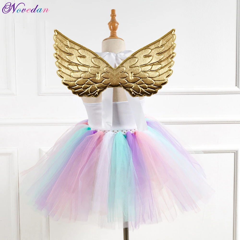 New Kids Unicorn Costumes For Girls Unicorn Tutu Dress With Gold Headband Wings Princess Girls Halloween Party Dress 2-10 Years