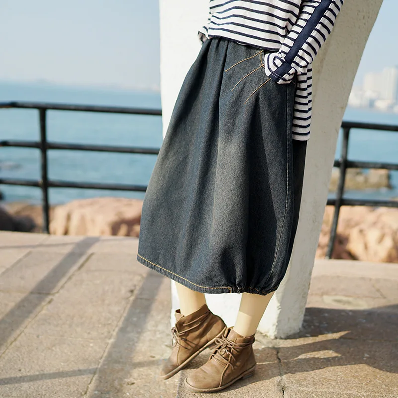 

Qi mei 2020 Hot Selling Spring Clothing Literature And Art Denim Skirt Mid-length Elastic Waist A- line Skirt