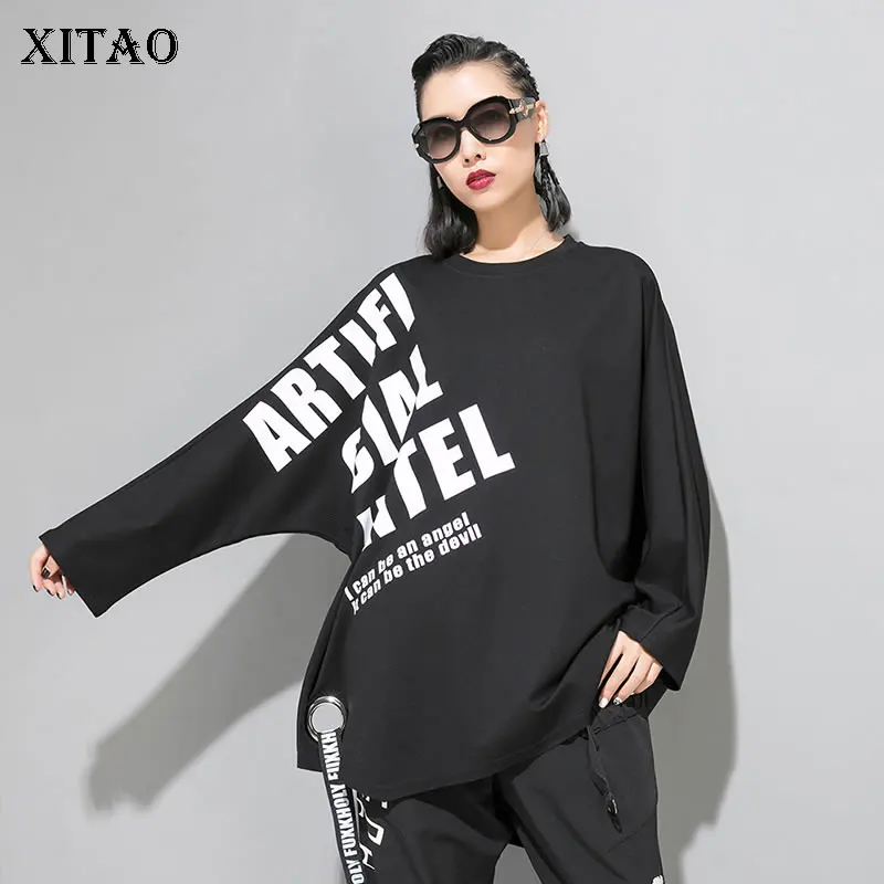 

XITAO Drilling Ribbon Print T Shirt Women Clothes 2019 Fashion Pullover Tide Letter Irregular T Shirt Personality New WQR1661