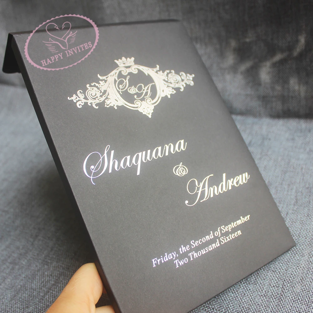 HI1156-16 Custom Black & White Hardcover  Wedding Card with Silver Foil and Acrylic Invitation with Black Letters Made in China