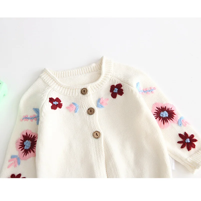Vintage flower embroidery long sleeve cardigans for girls sweater autumn winter cotton knitted kids jackets toddler baby tops