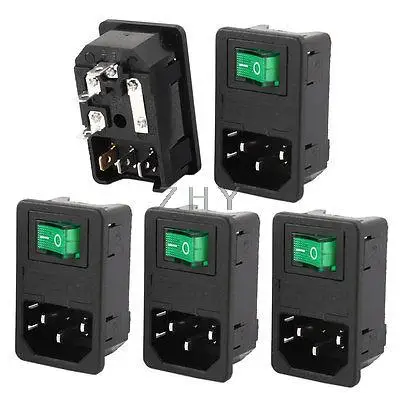 

AC250V 10A SPST Green Lamp Rocker Switch IEC320 C14 Inlet Socket w Fuse 5 Pcs