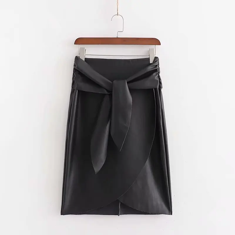 JuneLove женские осенние мини-юбки из искусственной кожи, винтажные женские узкие юбки-карандаш с бантом, Повседневная Уличная Женская юбка в стиле ампир