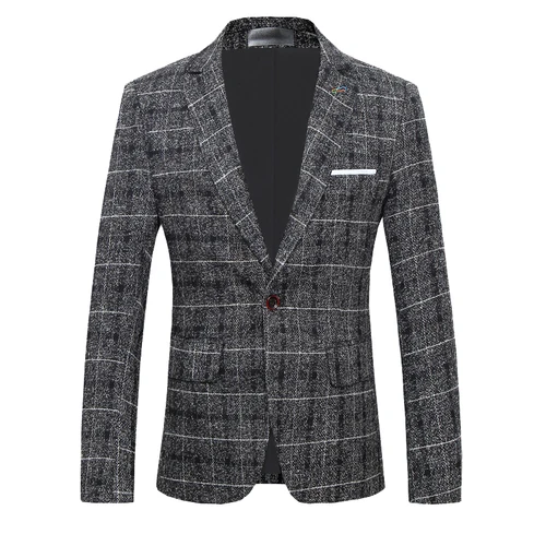Серый мужской клетчатый пиджак, Модный деловой повседневный мужской пиджак, размер S-5XL, свадебные вечерние пиджаки - Цвет: Черный