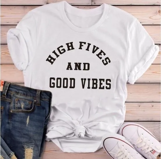 Женская футболка с надписью HIGH FIVES AND GOOD VIBES Модная хлопковая Футболка принтом tumblr