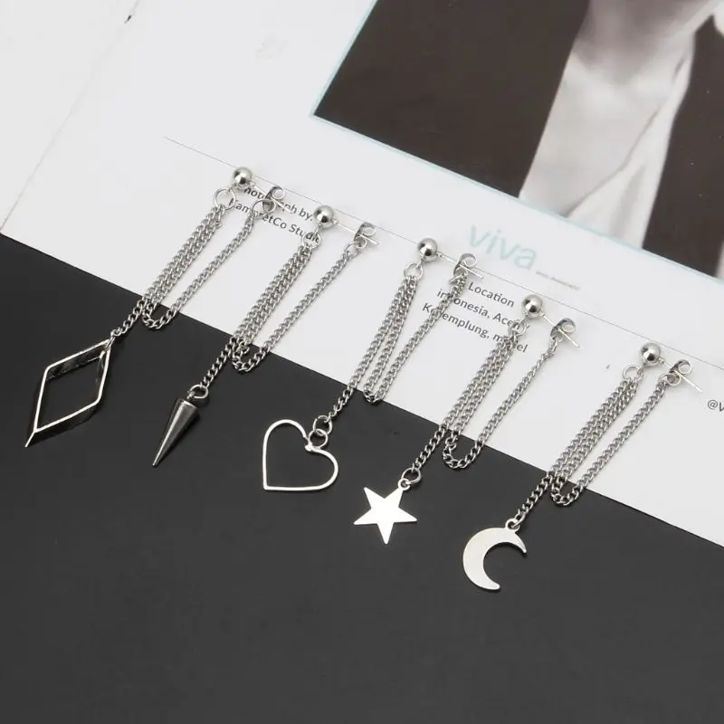 

1 Pc Double Chain Star Moon Heart Dangling Earring Unisex Stainless Steel Jewelry