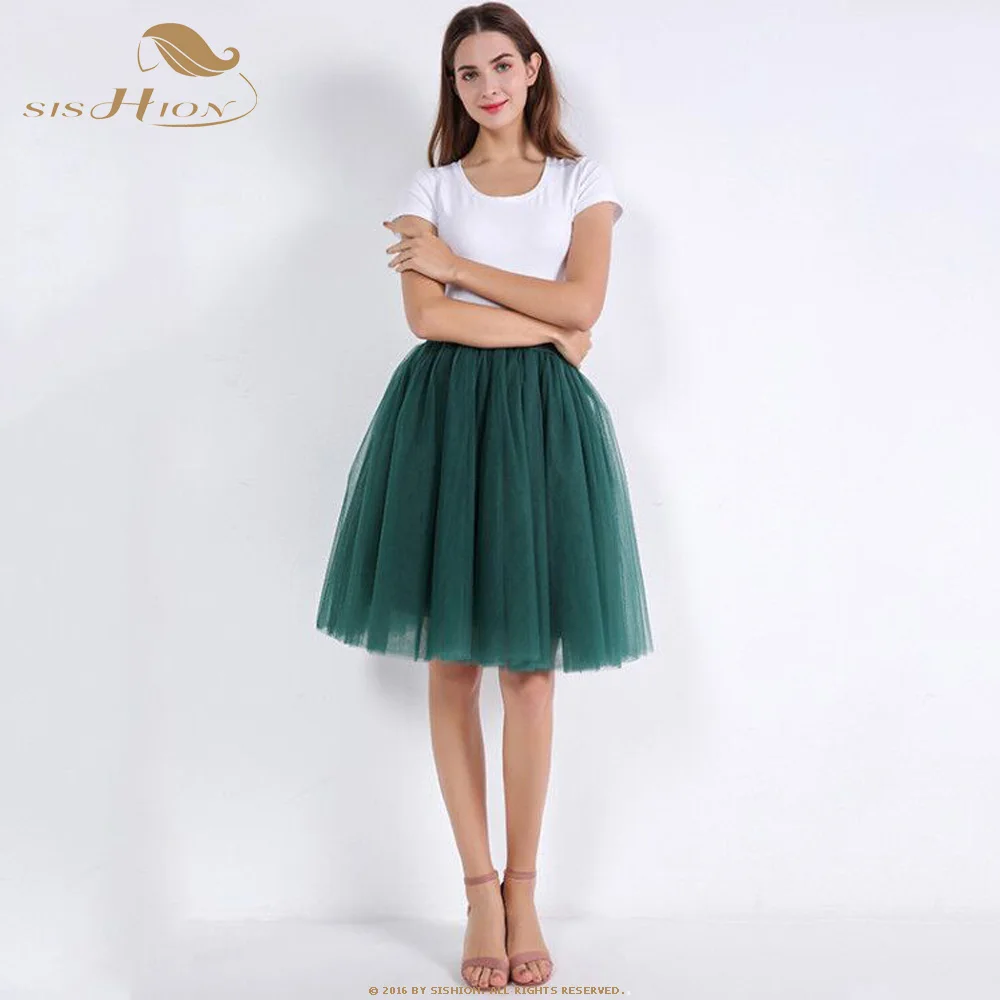 Dark green SISHION 5 слоев 60 см Тюлевая юбка средней длины принцесса Женская мода для взрослых женская одежда юбка-пачка юбка под жакет SP0342 - Цвет: Dark green