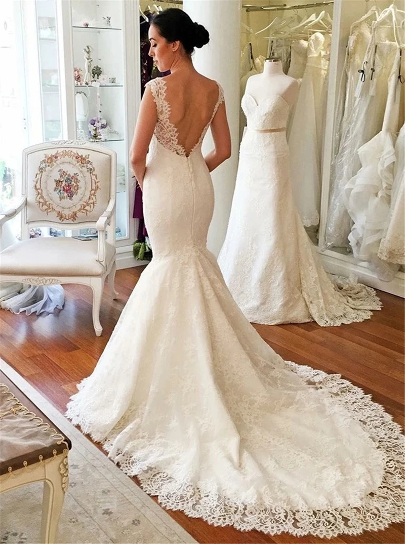 LORIE, полностью кружевное свадебное платье русалки с аппликацией для женщин,, открытая спина, короткий рукав, пляжные свадебные платья, белые, со шлейфом