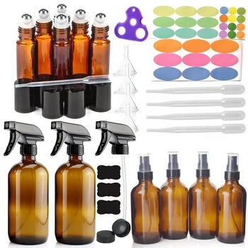 

12 Pack Amber Glass Spray Bottle with 6-10ml Roll on Bottles 4-120ml & 2-500ml Sprayer Bottle & Accessories for Essential oils