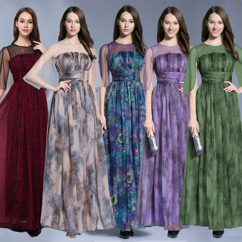 Sheer Top Floral Printed Chiffon Bridesmaid Dresses For Wedding Guest Empire Waist Summer Maxi Special Occasion Party | Свадьбы и