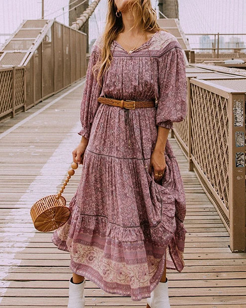Everkaki Boho Платье макси с принтом женские кисточки шеи кимоно с завязками свободные богемные женские длинные платья женские Осень Зима Новинка